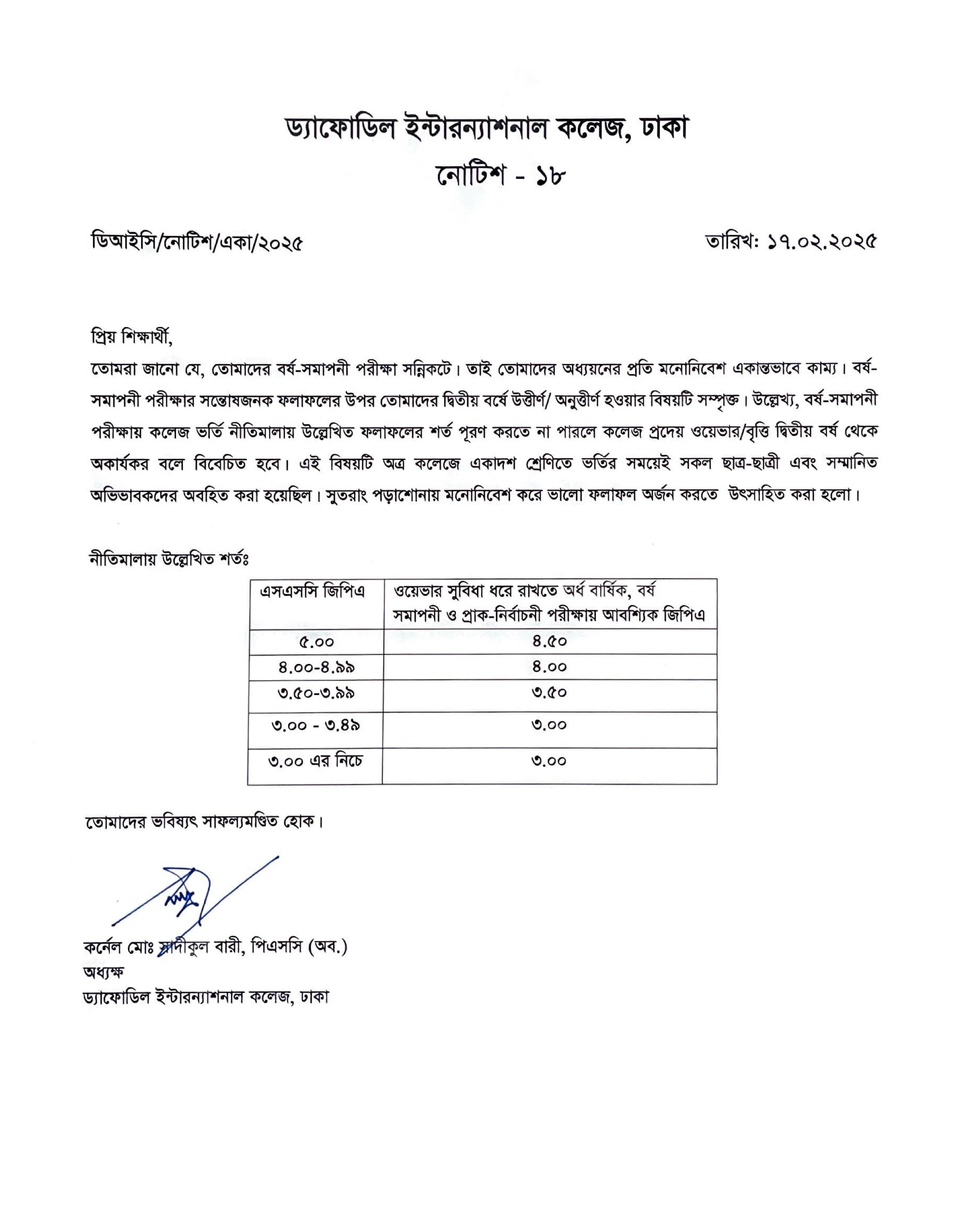 Waiver policy for the year change exam